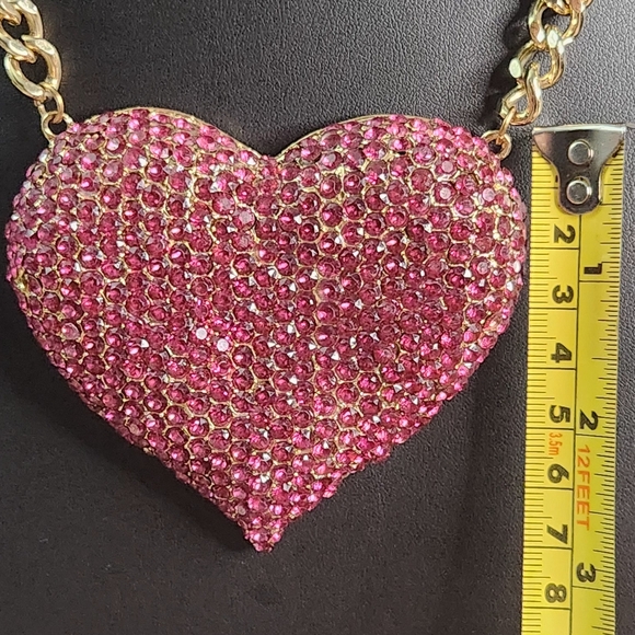 Bling large pink heart necklace with Cuban link goldtone - Picture 7 of 9